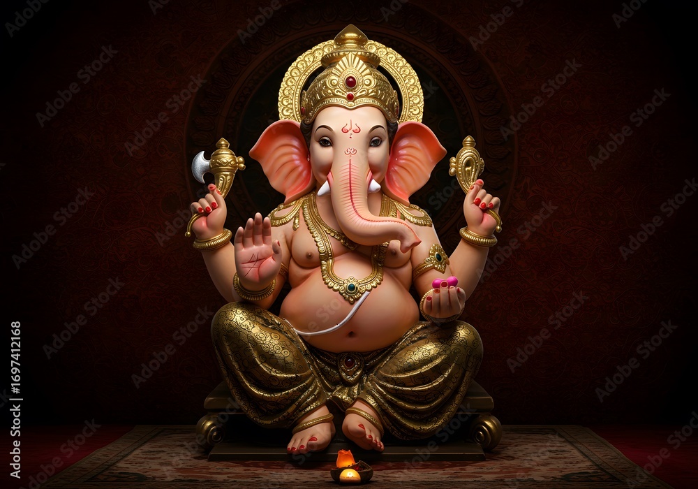 Fototapeta premium Colorful Ganesha Idol Sitting with Gold Accessories in Traditional Hindu Art Style