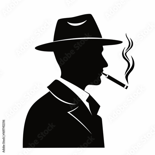 Black and white vector silhouette of a close-up profile of a detective with collar turned up and smoke curling from a cigarette
