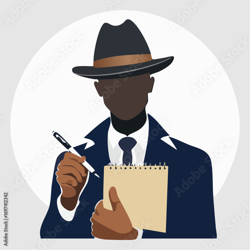 Silhouette vector of a detective in close-up view holding a notepad and pen, with fedora hat shadowing the face