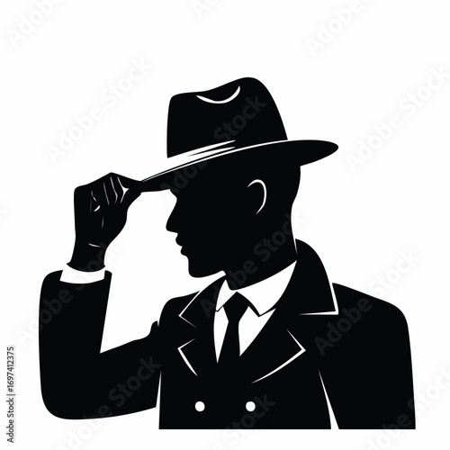 Silhouette vector in black and white of a detective adjusting a hat with mysterious expression in close-up angle