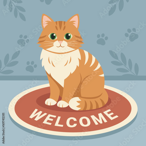 Cat sitting on welcome mat with paw prints background  
