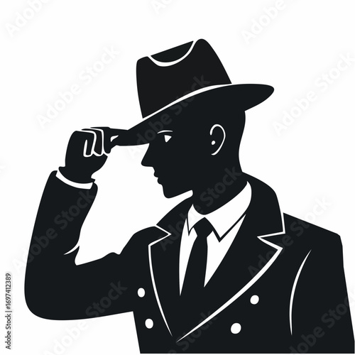 Silhouette vector in black and white of a detective adjusting a hat with mysterious expression in close-up angle