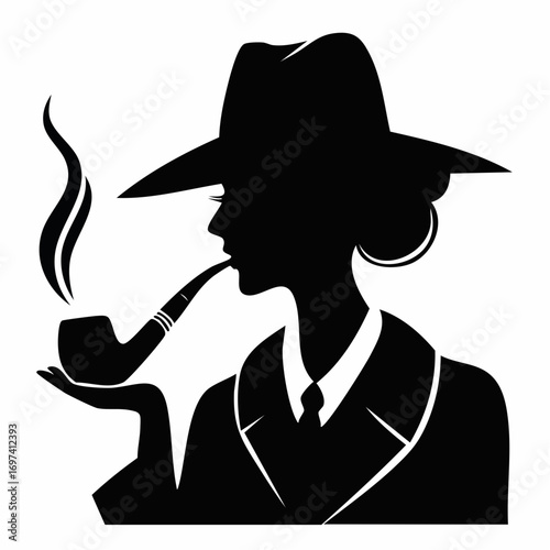 Black and white silhouette vector of a detective smoking a pipe, only the face and upper body visible in close-up