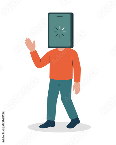 Vector of a man with a smartphone as his head, symbolizing digital identity, tech obsession, and virtual disconnect from reality.