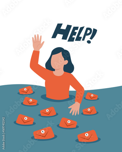Illustration of a woman overwhelmed by email overload, drowning in messages and shouting for help—depicts digital burnout and stress.