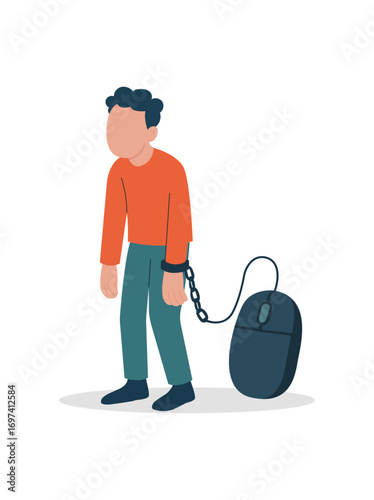 Vector of a man chained to a computer mouse, symbolizing internet addiction, tech burnout, and digital dependency in modern life.