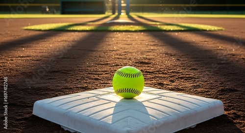 A yellow softball sits atop a white base on a baseball field, bathed in warm sunlight.