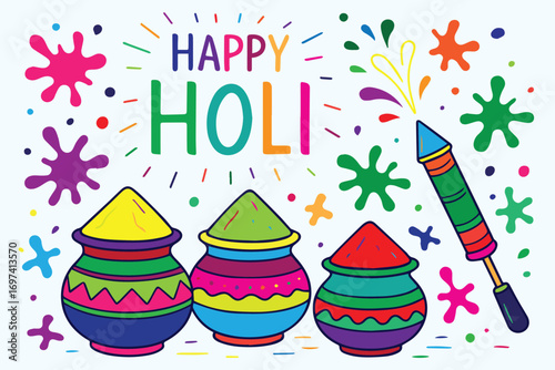 Vector illustration of Happy Holi theme from India, vibrant colorful powders and festive patterns, symbolizing joy, togetherness, celebration, and cultural tradition.