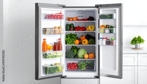 Fresh produce and drinks in a modern fridge