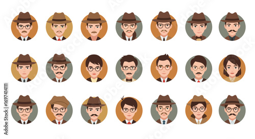 Collection of diverse cartoon faces with various expressions and accessories.