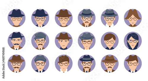 Collection of cartoon avatars of people wearing hats and glasses.