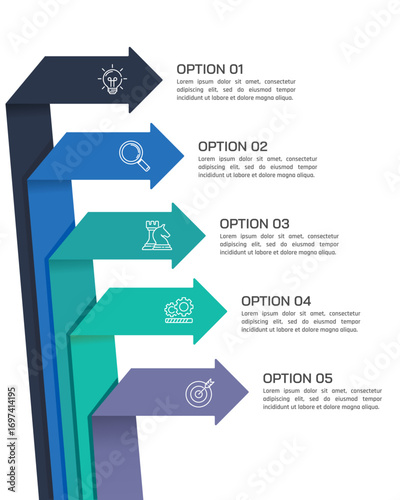 Dynamic 5-Step Arrow Infographic for Business Strategy and Planning Presentation with Icons.