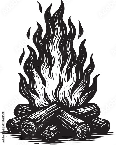 Embers glow textured wood log campfire with dancing flames artistic render