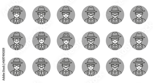 Incognito Spy Vector Icons Set with Hat and Glasses in Circle Badge