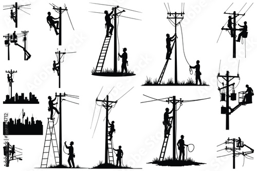 Silhouettes of linemen working on utility poles lineman
