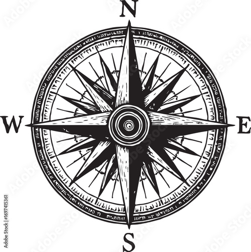 Antique rose compass symbol for navigation and directional guidance in vintage designs
