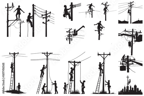 Silhouettes of utility workers on poles and ladders