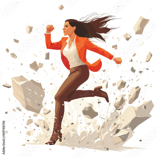 Powerful businesswoman breaking through barriers