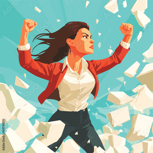 Powerful businesswoman breaking through barriers