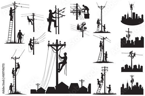 Silhouettes of utility workers on poles with city and house backgrounds