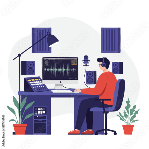 A vibrant 2D flat vector of a music producer at a studio desk, with computer, sound waves, mixing console, and microphone, on a clean white background.
