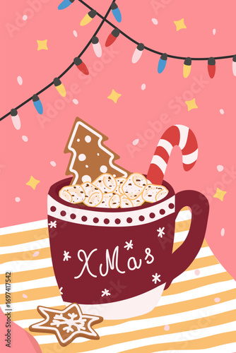 Merry Christmas and Happy New Year. Vector modern bright illustration with festive Christmas cocoa mug, gingerbread and lollipop for greeting card, poster, flyer or background.