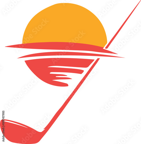  A golf club with a sunset graphic behind it.