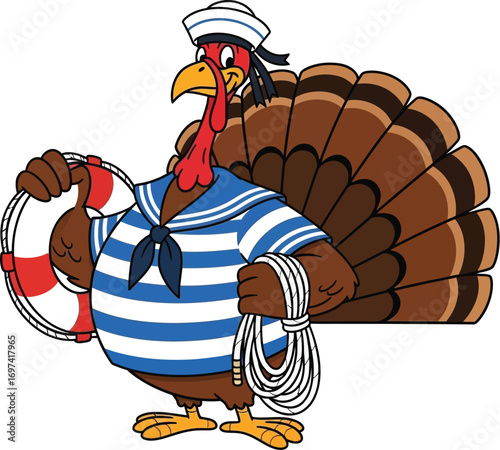 A cheerful cartoon character turkey with colorful feathers spread wide Vector illustration