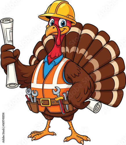 A cheerful cartoon character turkey with colorful feathers spread wide Vector illustration