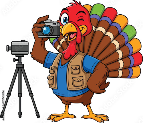 A cheerful cartoon character turkey with colorful feathers spread wide Vector illustration