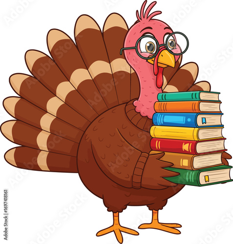 A cheerful cartoon character turkey with colorful feathers spread wide Vector illustration