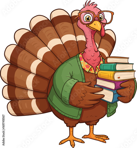 A cheerful cartoon character turkey with colorful feathers spread wide Vector illustration