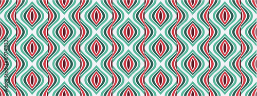A Festive Christmas Pattern Featuring Intertwined Wavy Diamond Shapes in Red and Teal Hues Perfect for Holiday Decorations and Crafts