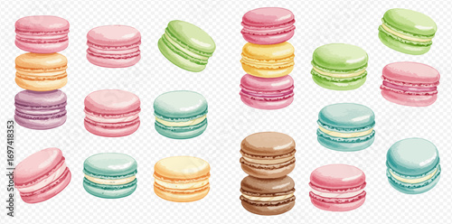 A colorful collection of French macaron cookies in various pastel shades, arranged singly and in stacks on a transparent background.