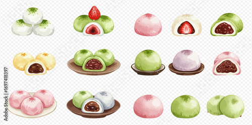 A delicious assortment of colorful Japanese mochi and daifuku, illustrated in a watercolor style with sweet red bean and strawberry fillings.