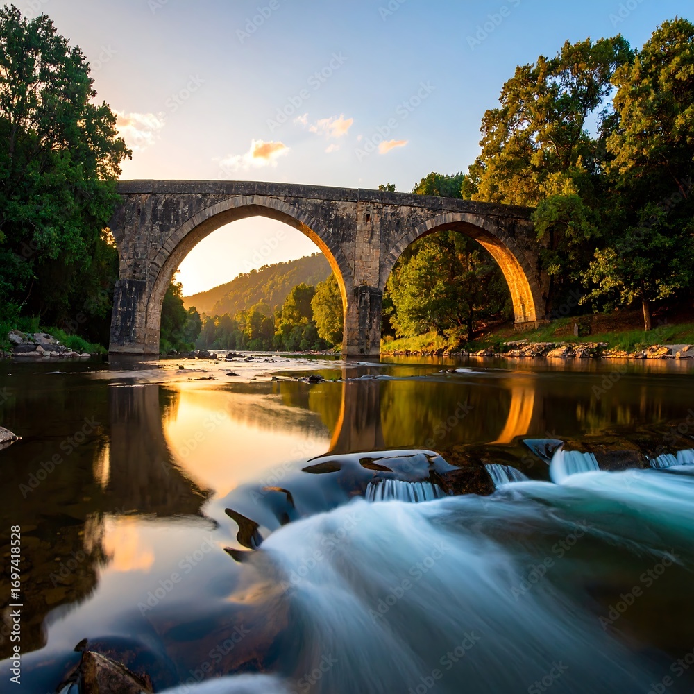 Fototapeta premium Ancient stone arch bridge over a tranquil river at sunset