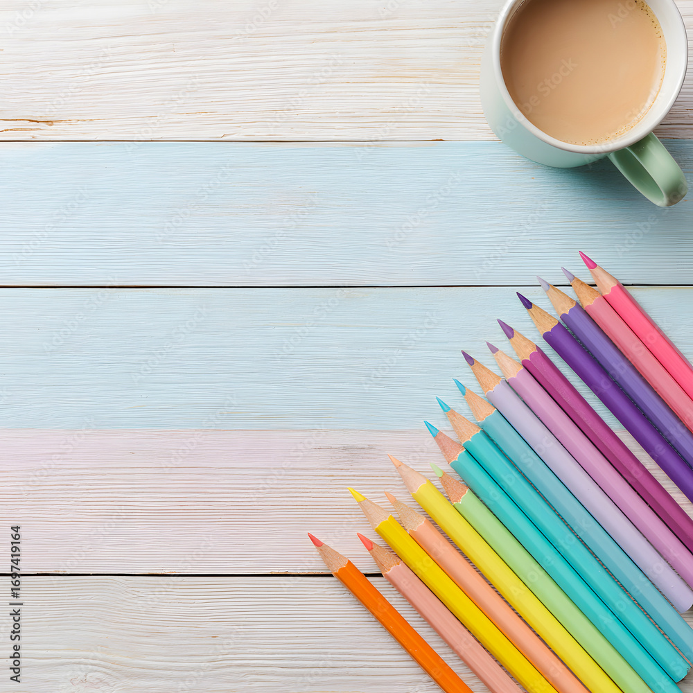 Obraz premium Colorful pencils with coffee cup on wooden desk background