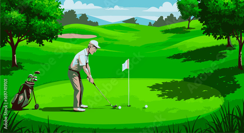 Golfer lining up the final putt on a scenic course with rolling hills, a clean and modern sports vector illustration