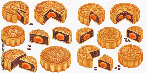 A collection of traditional Chinese mooncakes, whole and sliced, revealing the inner salted egg yolk filling.