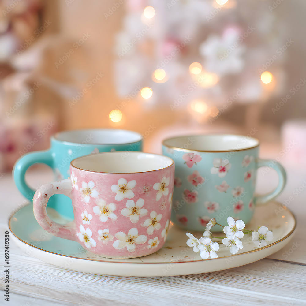 Fototapeta premium Floral ceramic coffee mugs on plate with pastel background