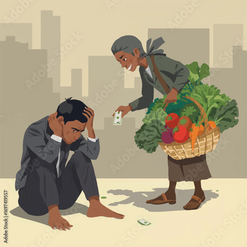 Man smiling holding a basket of fresh vegetables with a romantic, joyful atmosphere, dressed in a suit, symbolizing love, business, and happiness, with flowers and roses around