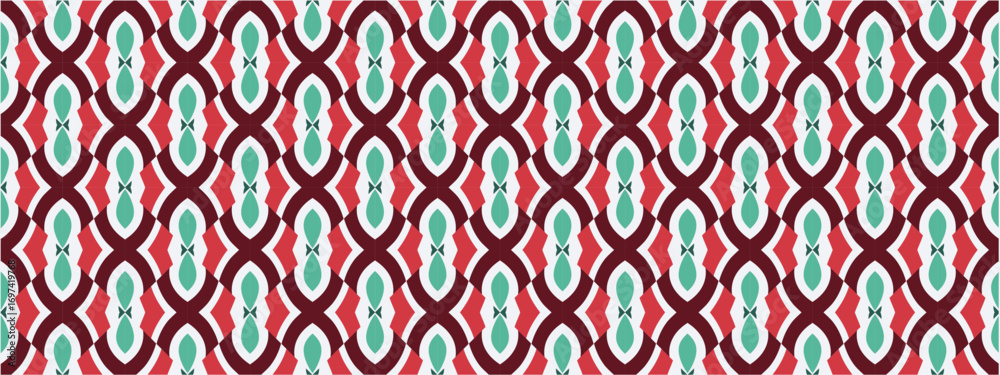 Naklejka premium A festive repeating pattern of red and teal shapes on a white background creating a holiday atmosphere.