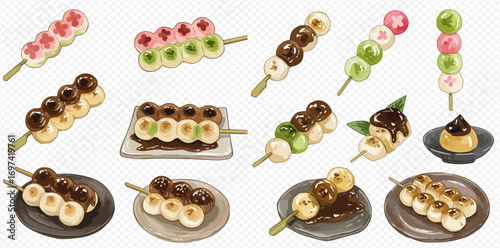 A watercolor illustration set of various traditional Japanese dango sweets, including mitarashi and hanami dango.