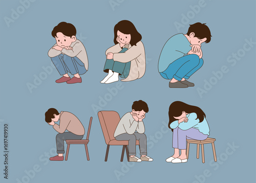 people who are depressed. Minimal line illustration design.