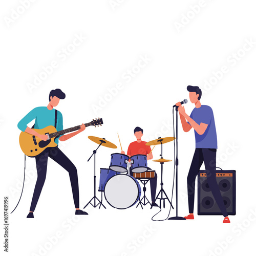 A vibrant 2D flat vector illustration depicts a small energetic band performing live on a stage with a guitarist, drummer, and singer striking dynamic poses against a clean white background.
