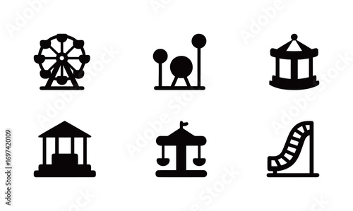 Set of amusement park and fairground icons, including a ferris wheel, merry-go-round, and water slide