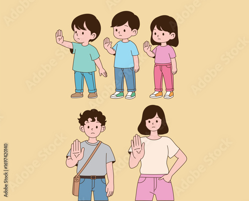 People who raise their hands and refuse. Minimal line illustration design.