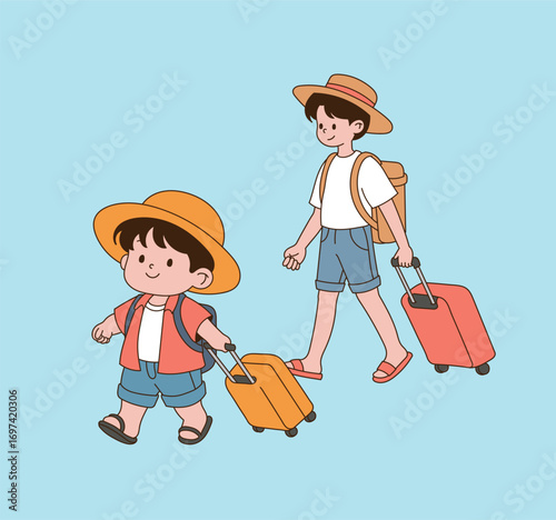 A man who wears a travel cap, drags a suitcase and goes on vacation. Minimal line illustration design.