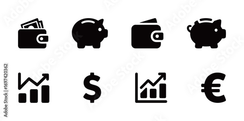 A collection of finance and money icons, including wallets, piggy banks, and currency symbols, for business and banking