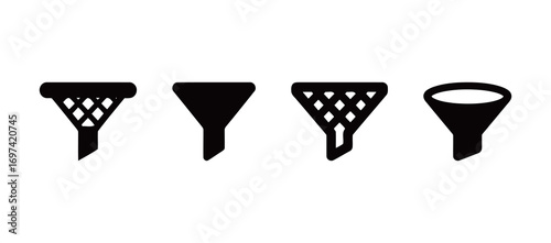 A collection of filter and funnel icons, in different styles for data organization and content sorting